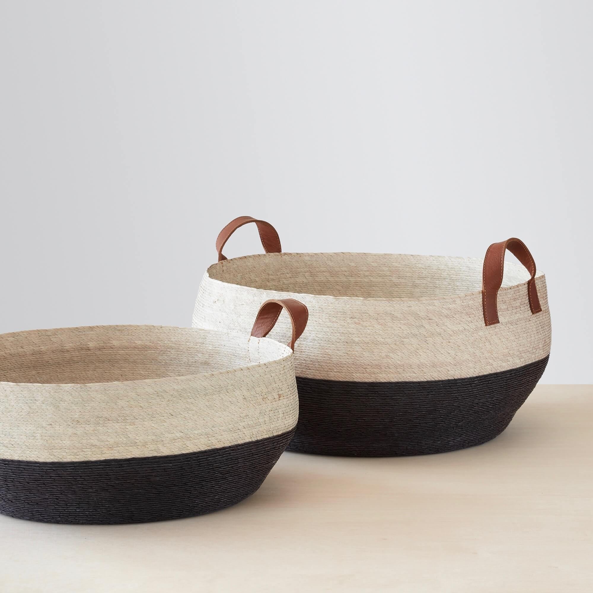 Set of 2 handwoven black and natural palm baskets, black